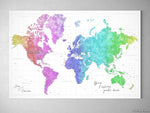 Custom large & highly detailed world map canvas print or push pin map, colorful gradient watercolor. "Jude"