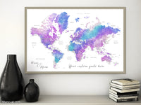 Custom print: world map with cities in bright blue, purple and teal watercolor. "Violetta"