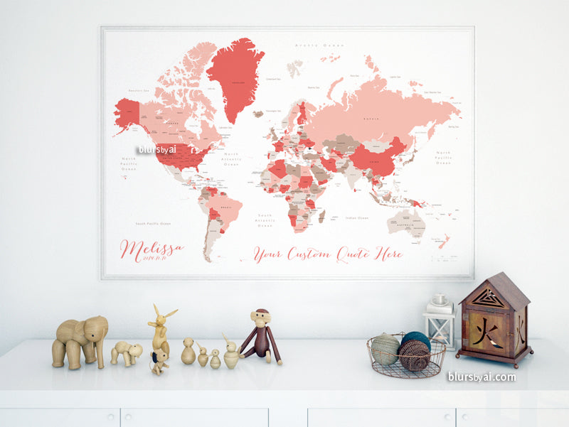 Custom map print: world map with countries and states in coral and taupe.