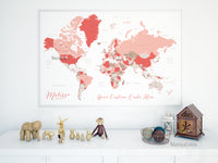 Custom map print: world map with countries and states in coral and taupe.