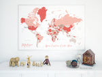 Custom map print: world map with countries and states in coral and taupe.
