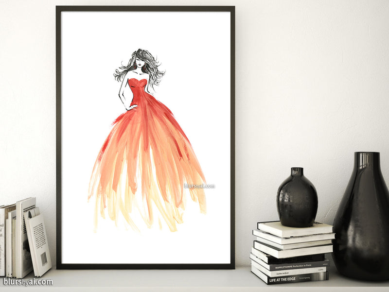 Printable fashion illustration: ombre coral gown