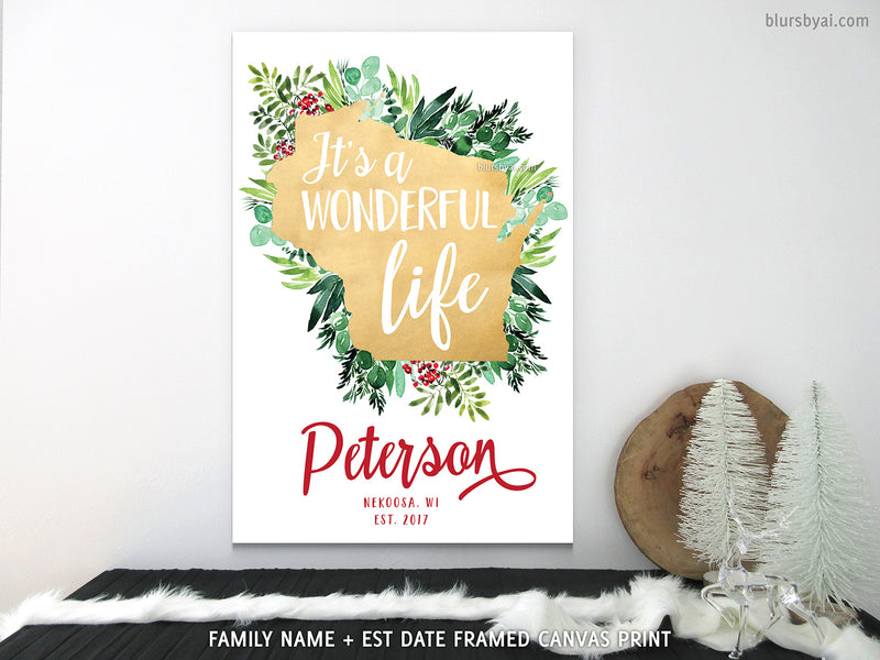 Custom family name canvas print, "It's a wonderful life in Wisconsin"