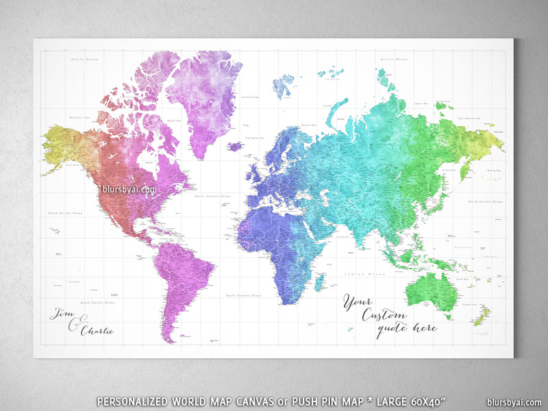 Custom large & highly detailed world map canvas print or push pin map, colorful gradient watercolor. "Jude"