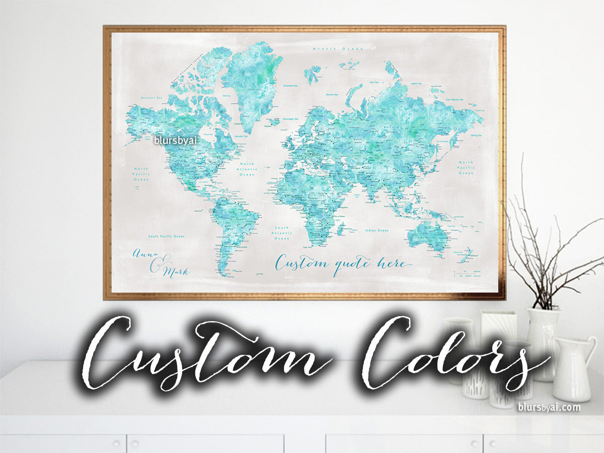 Custom color art print on paper: bespoke world map with cities