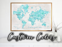 Custom color art print on paper: bespoke world map with cities