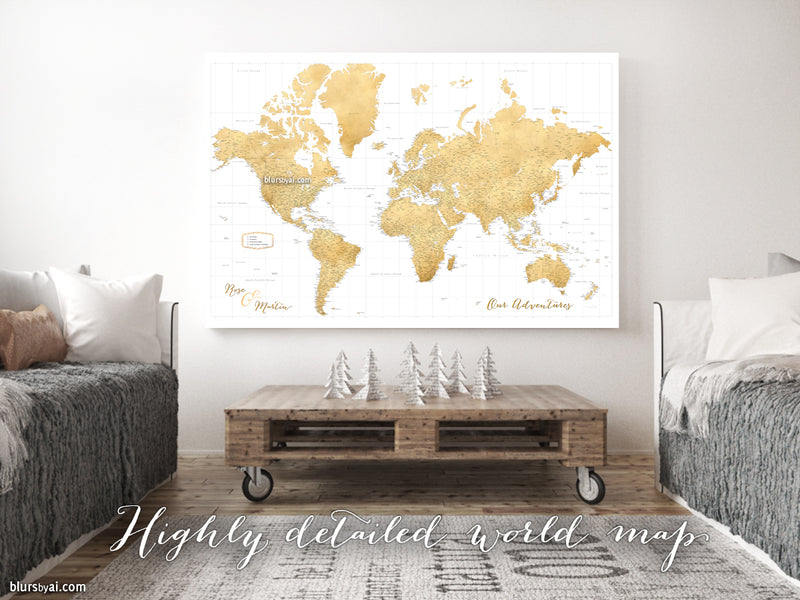Custom large & highly detailed world map canvas print or push pin map. "Rossie"