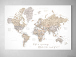 Custom watercolor world map with cities, canvas print or push pin map in neutrals. "Abey"