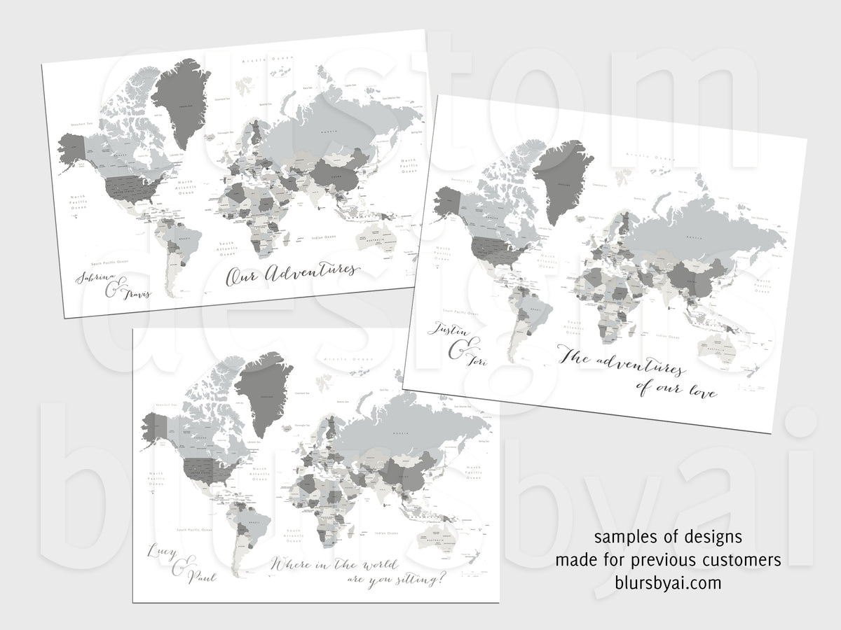 Custom map print: gray world map with countries and states. "Concrete hues"