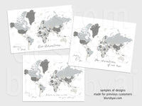 Custom map print: gray world map with countries and states. "Concrete hues"