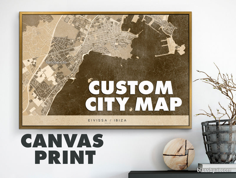 Personalized vintage (but current) city map on canvas with optional frame