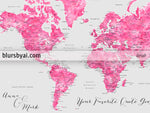 Custom quote - gray and hot pink watercolor printable world map with cities, countries, states... "Callah"