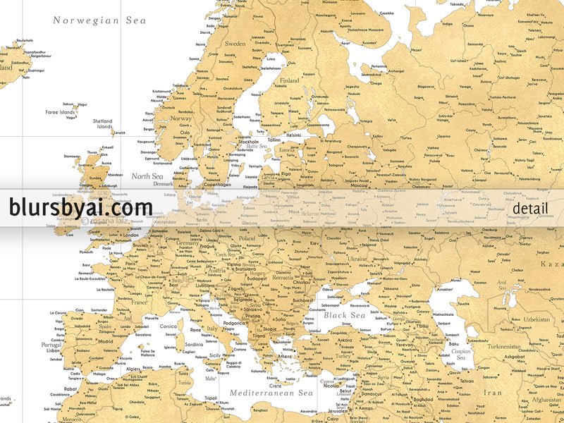 Custom world map print - highly detailed map with cities in faux gold foil effect. "Rossie"