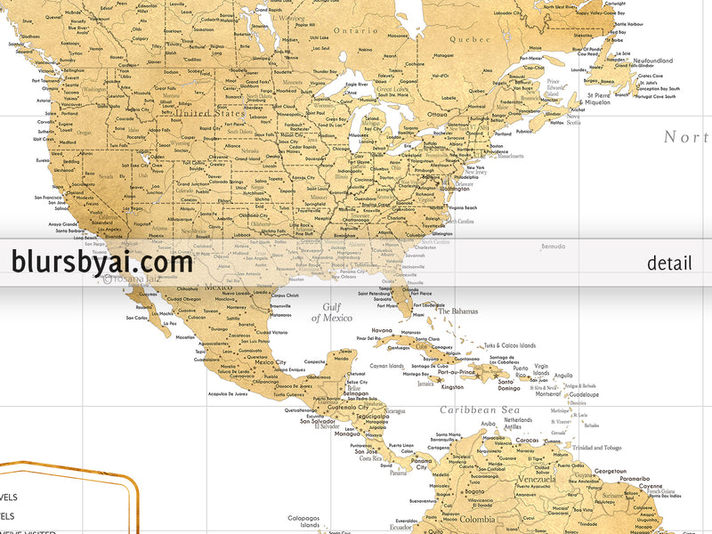 Custom large & highly detailed world map canvas print or push pin map. "Rossie"