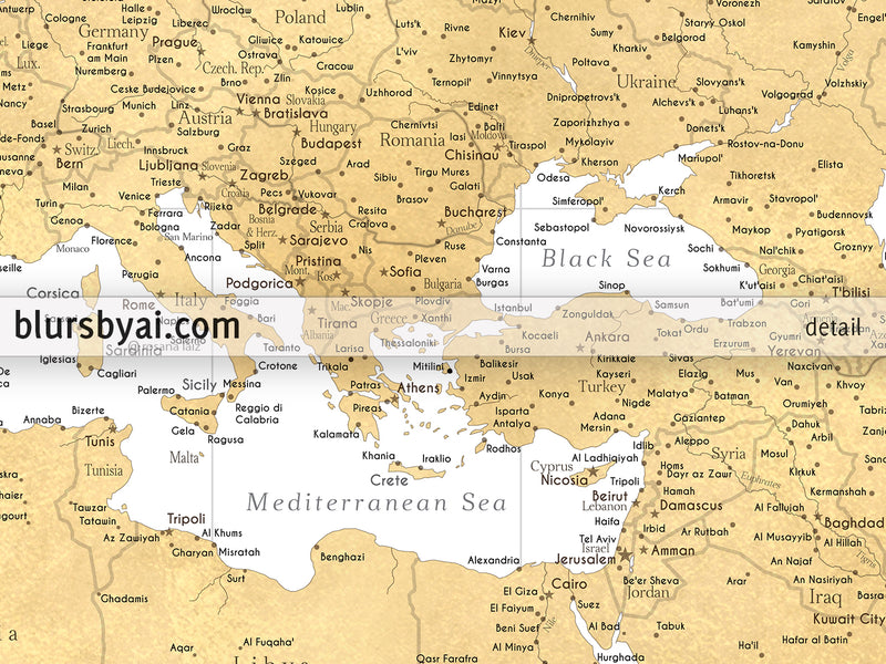 Custom large & highly detailed world map canvas print or push pin map. "Rossie"