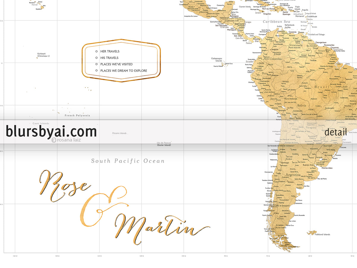 Custom world map print - highly detailed map with cities in faux gold foil effect. "Rossie"