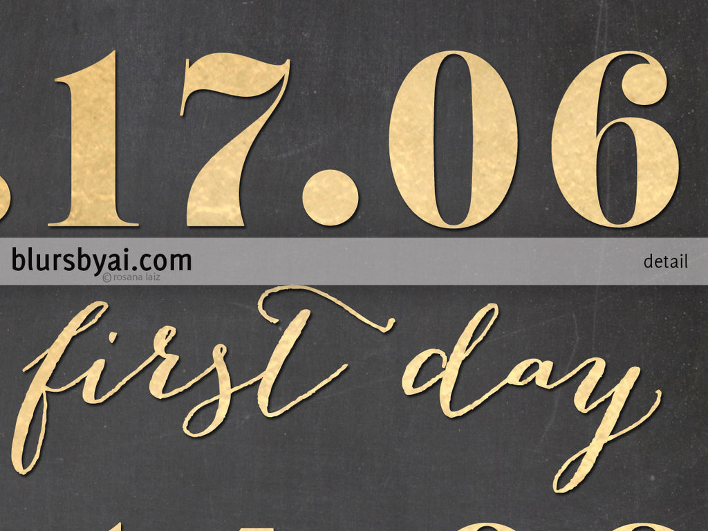 Printable custom relationship timeline sign, in gold foil and chalkboard