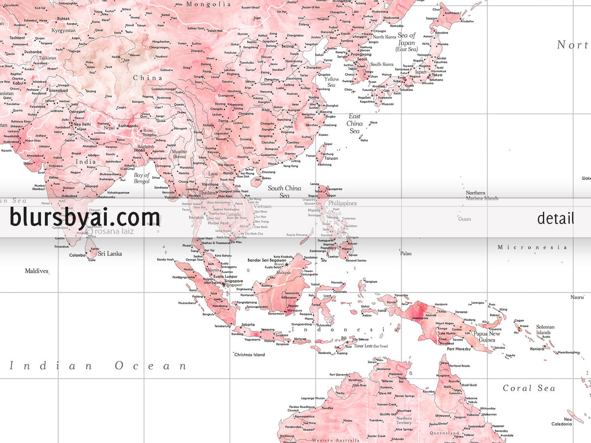 Custom world map print - blush watercolor highly detailed map with cities. "Alheli"