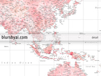 Custom world map print - blush watercolor highly detailed map with cities. "Alheli"