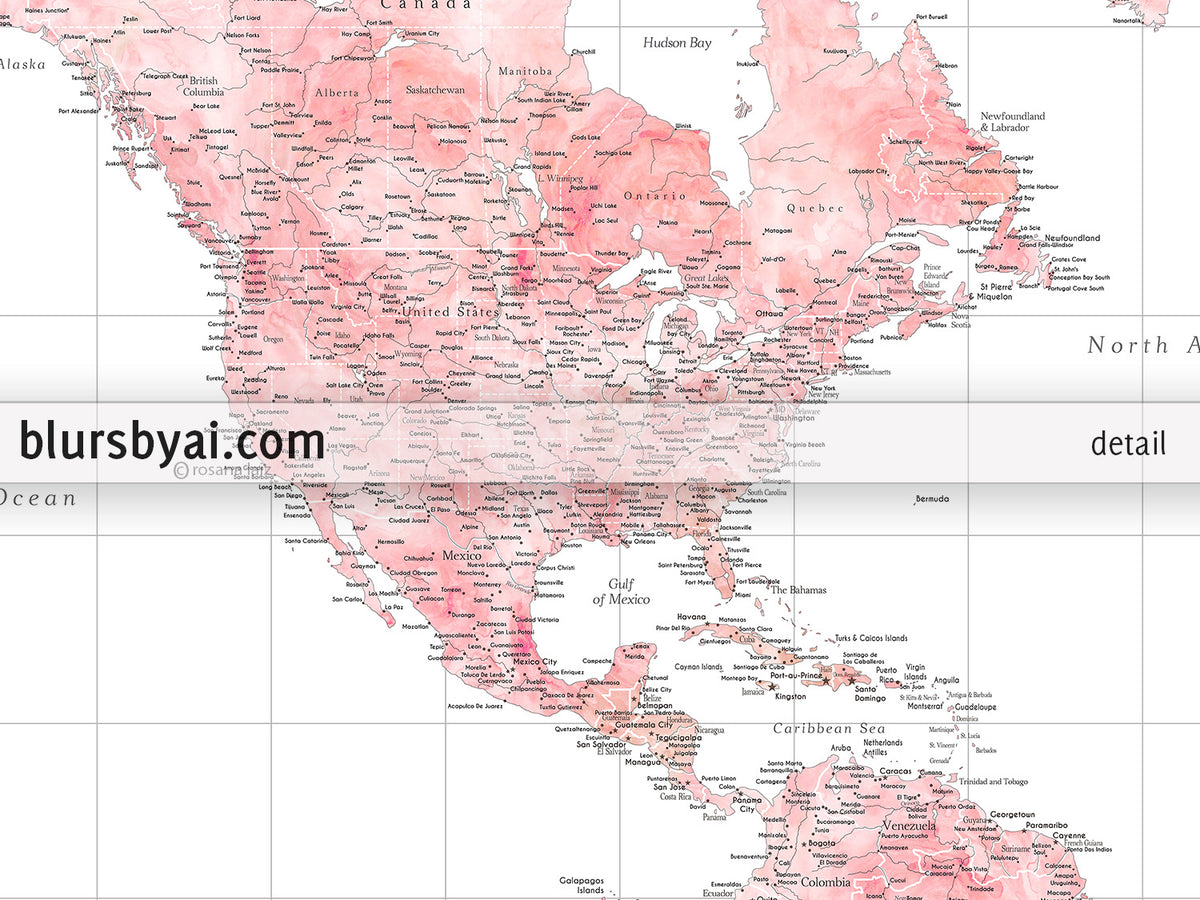 Custom world map print - blush watercolor highly detailed map with cities. "Alheli"