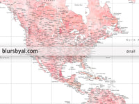 Custom world map print - blush watercolor highly detailed map with cities. "Alheli"