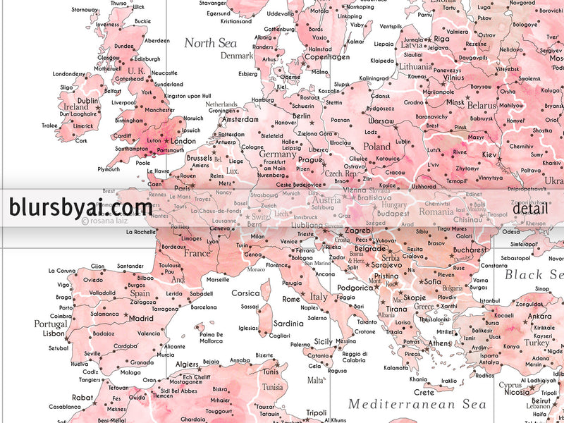 Custom world map print - blush watercolor highly detailed map with cities. "Alheli"