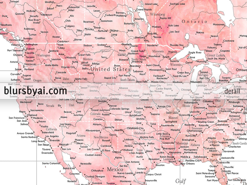 Custom world map print - blush watercolor highly detailed map with cities. "Alheli"