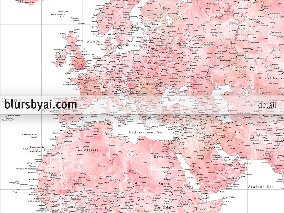 Custom world map print - blush watercolor highly detailed map with cities. "Alheli"
