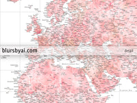 Custom world map print - blush watercolor highly detailed map with cities. "Alheli"