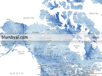 Art print on paper: custom world map with state capitals, cities and countries in soft blue watercolor. "Vance"