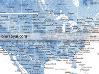 Art print on paper: custom world map with state capitals, cities and countries in soft blue watercolor. "Vance"