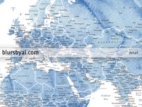 Art print on paper: custom world map with state capitals, cities and countries in soft blue watercolor. "Vance"