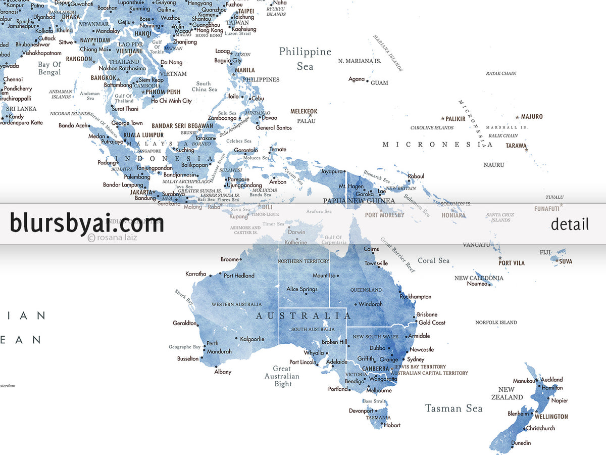 Art print on paper: custom world map with state capitals, cities and countries in soft blue watercolor. "Vance"