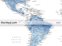 Art print on paper: custom world map with state capitals, cities and countries in soft blue watercolor. "Vance"