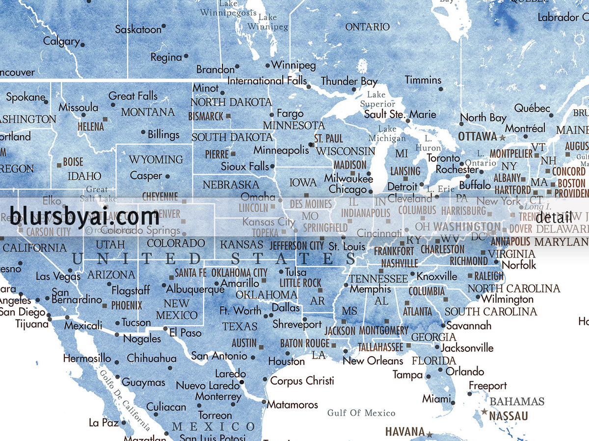 Personalized art print on paper: detailed world map with cities in soft blue watercolor. "Vance"