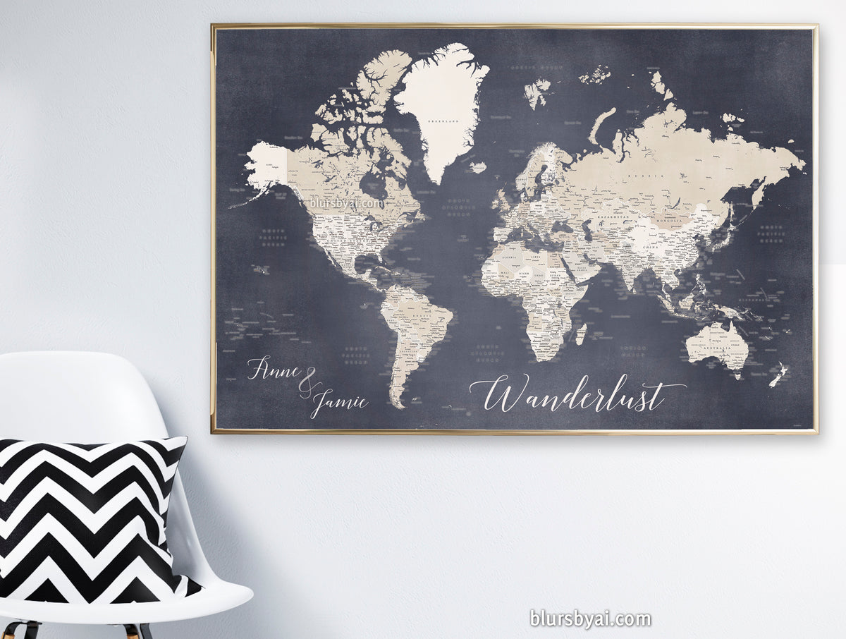 Personalized art print on paper: detailed world map with cities in dark muted blue and brown. "Glyn"