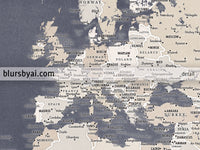 Personalized art print on paper: detailed world map with cities in dark muted blue and brown. "Glyn"