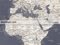 Personalized art print on paper: detailed world map with cities in dark muted blue and brown. "Glyn"