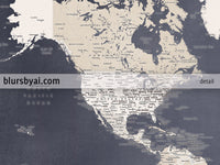 Personalized art print on paper: detailed world map with cities in dark muted blue and brown. "Glyn"