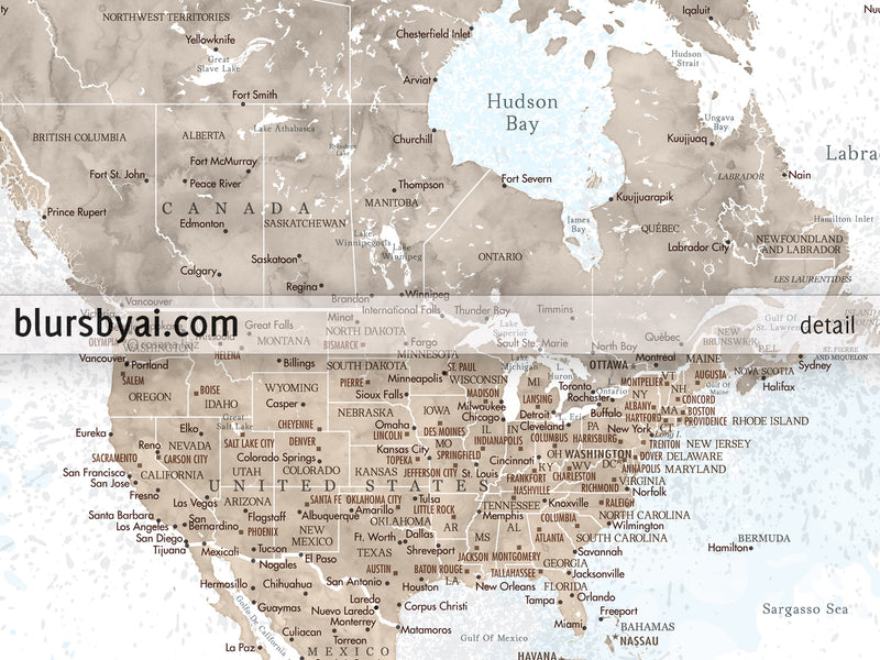 Personalized world map print on rolled canvas, with cities and US state capitals in painterly blue and brown watercolor. "Ghada"