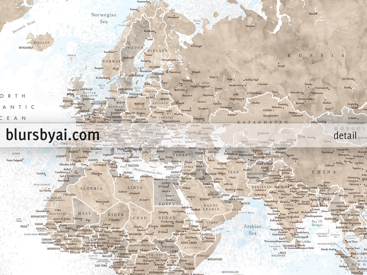 Art print on paper: personalized world map with state capitals, cities and countries in painterly blue and brown. "Ghada"