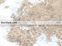 Art print on paper: personalized world map with state capitals, cities and countries in painterly blue and brown. "Ghada"