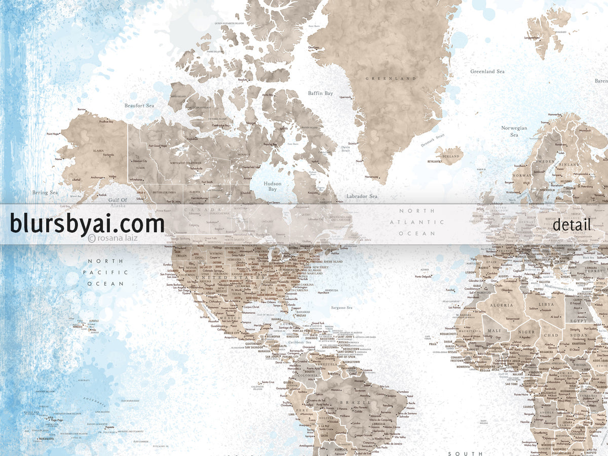 Art print on paper: personalized world map with state capitals, cities and countries in painterly blue and brown. "Ghada"