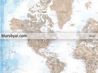 Art print on paper: personalized world map with state capitals, cities and countries in painterly blue and brown. "Ghada"