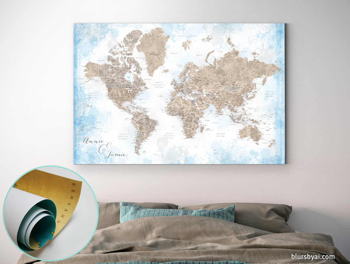 Personalized world map print on rolled canvas, with cities and US state capitals in painterly blue and brown watercolor. "Ghada"