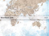 Art print on paper: personalized world map with state capitals, cities and countries in painterly blue and brown. "Ghada"
