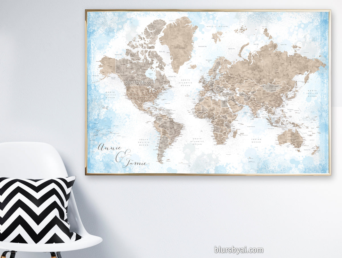 Art print on paper: personalized world map with state capitals, cities and countries in painterly blue and brown. "Ghada"