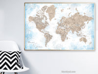 Art print on paper: personalized world map with state capitals, cities and countries in painterly blue and brown. "Ghada"