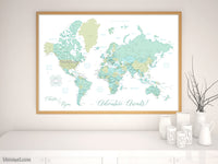 Art print on paper: custom world map with cities in dreamy mint and green. "Ninfa"