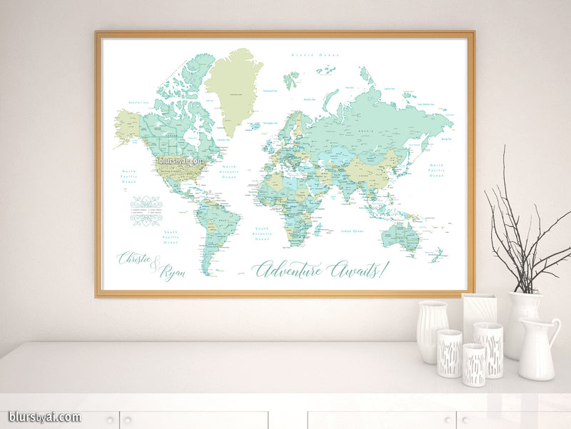 Art print on paper: custom world map with cities in dreamy mint and green. "Ninfa"